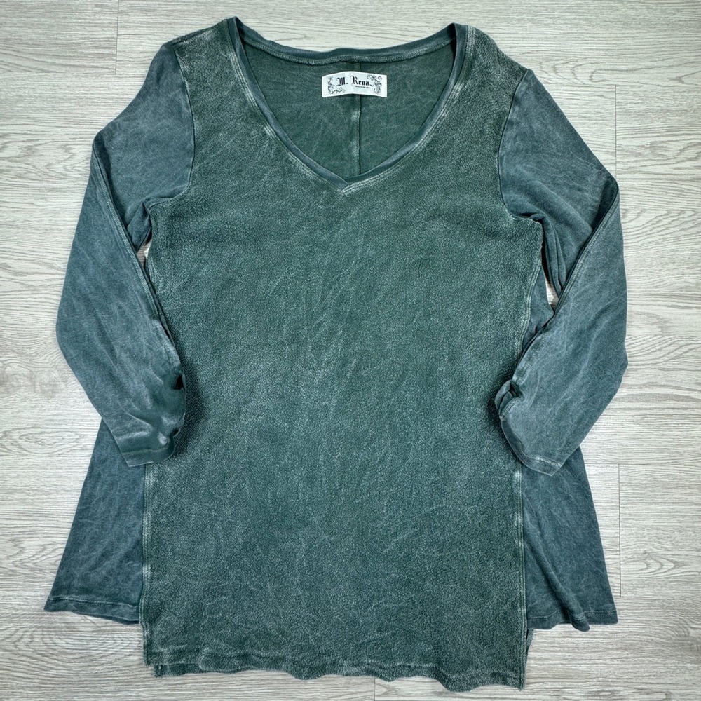 M. Rena Women's Tunic Top Mineral Wash Green Small V-Neck Long Sleeve Lagenlook